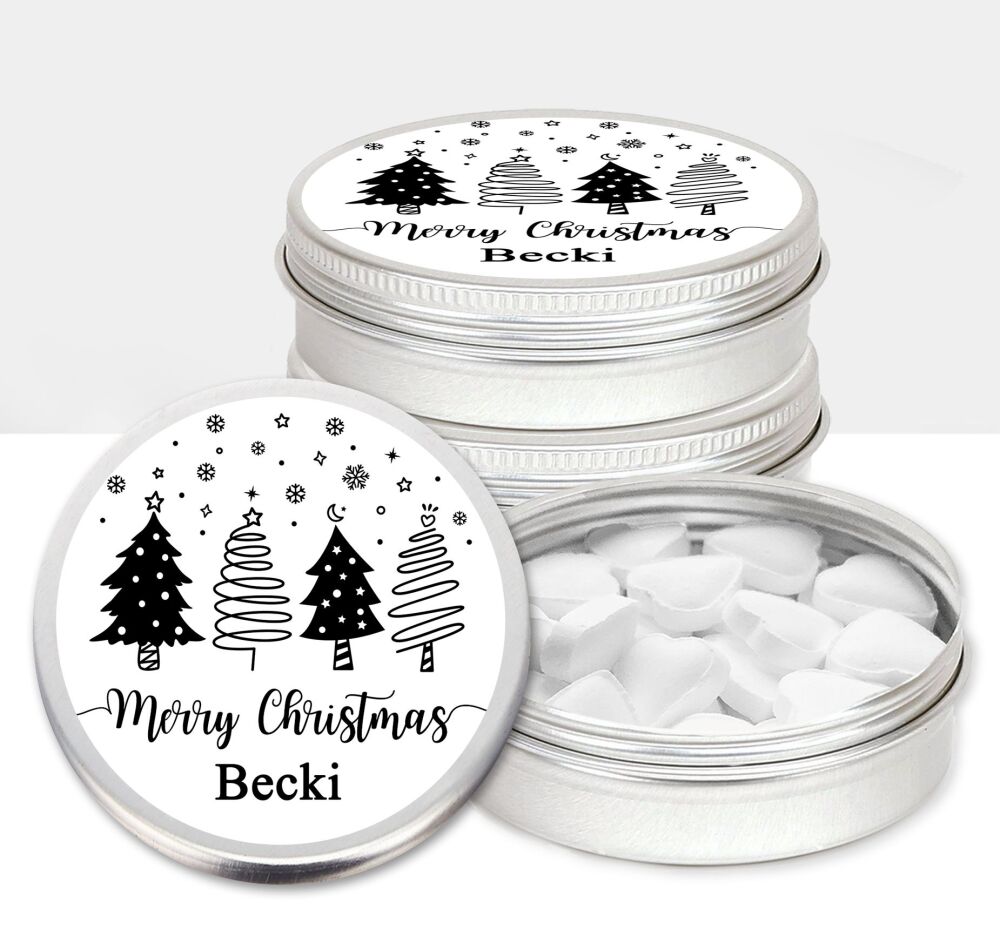 Personalised Christmas Mints Sweets Tins Whimsical Trees x1