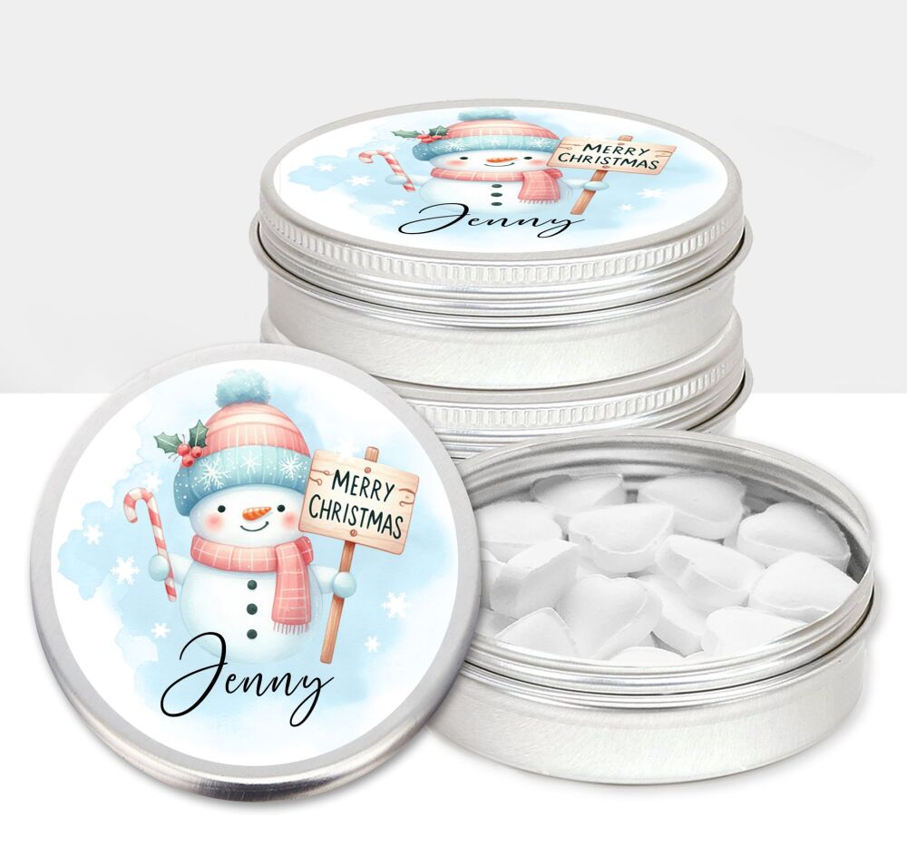 Personalised Christmas Mints Sweets Tins Snowman Sign x1