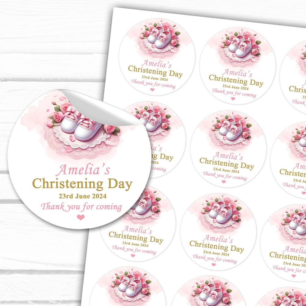 Personalised Christening Stickers Pink Booties