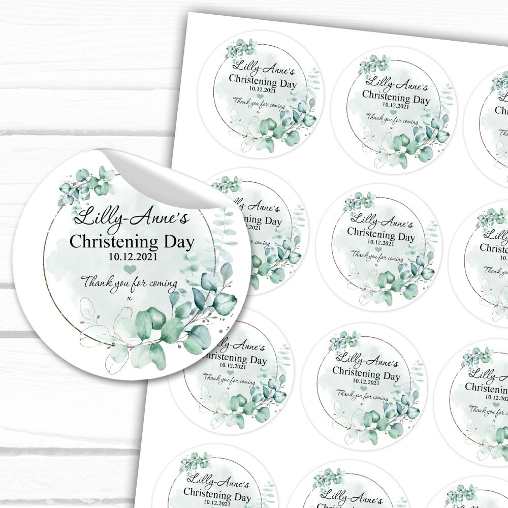 Personalised Christening Stickers Eucalyptus Silver Frame