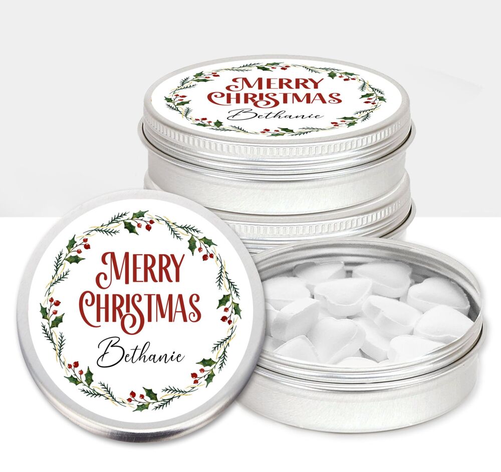 Personalised Christmas Mints Sweets Tins Holly Berry Wreath x1
