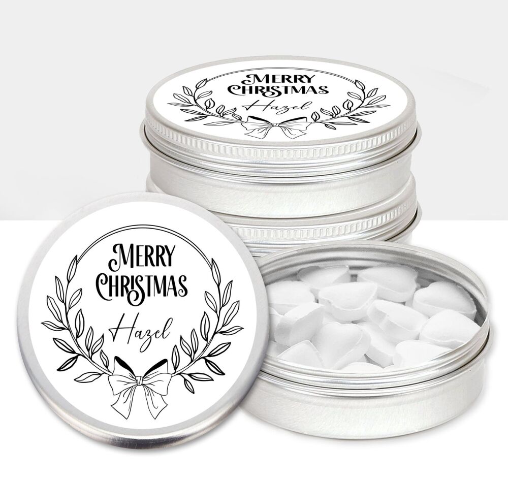 Personalised Christmas Mints Sweets Tins Bow Laurels x1