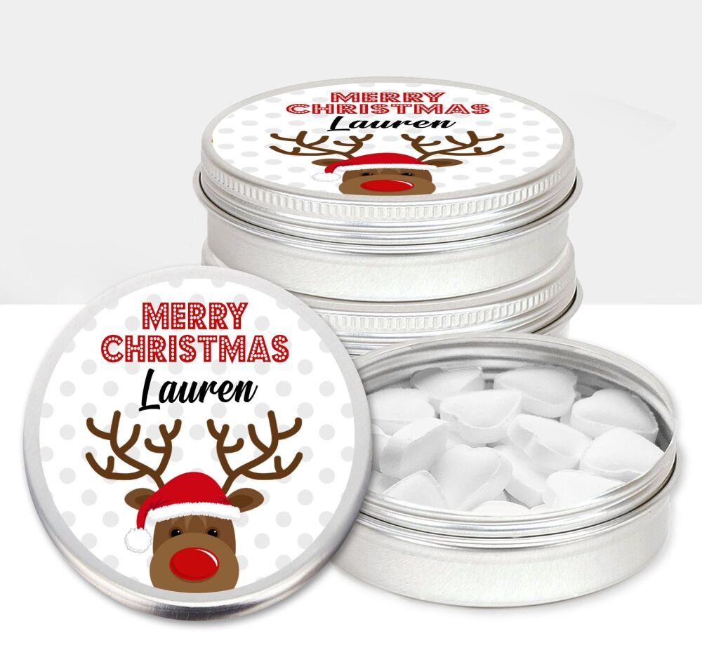 Personalised Christmas Mints Sweets Tins Reindeer In Santa Hat x1