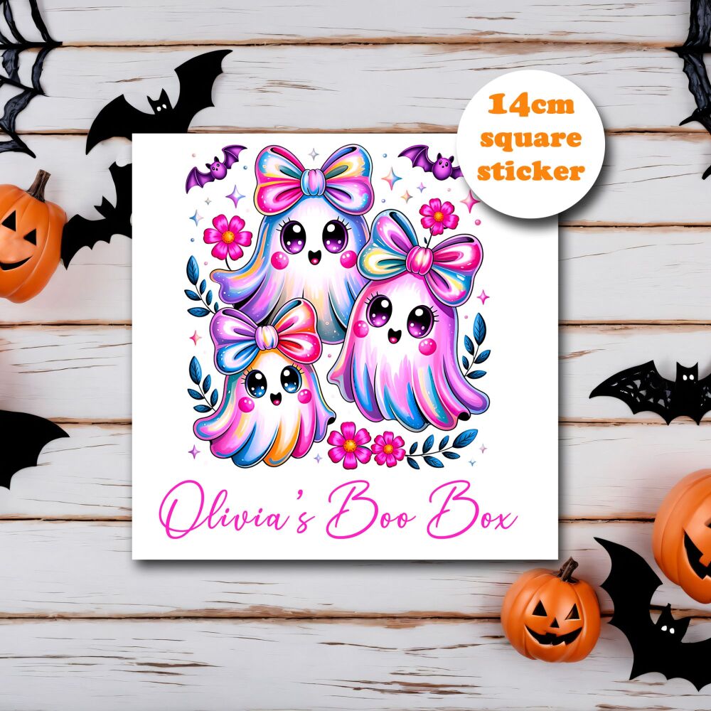 Halloween Boo Box Sticker Gloss Printed Any Text Pink Ghosts x 1