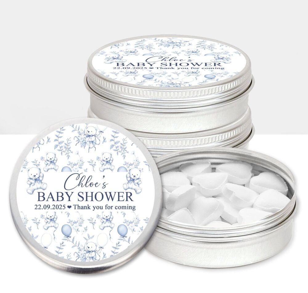 Personalised Baby Shower Party Favours Mints Tins Toile De Jour Blue x1