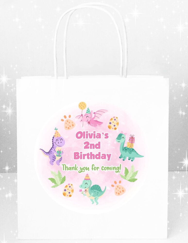 Kids Party Bags Personalised Pink Partying Dinosaurs x1
