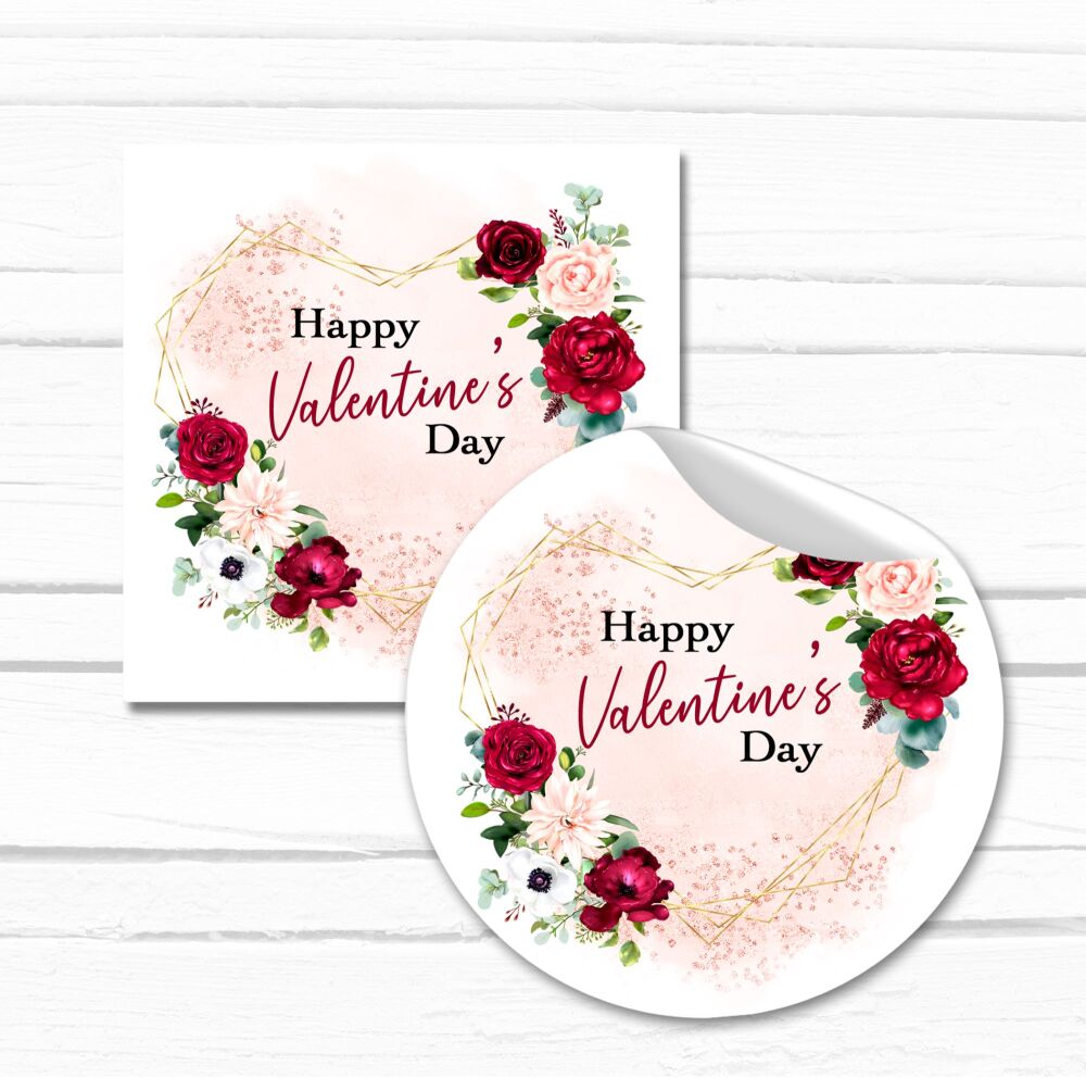 Happy Valentines Day Stickers Gloss Finish Gold Heart Frame Roses