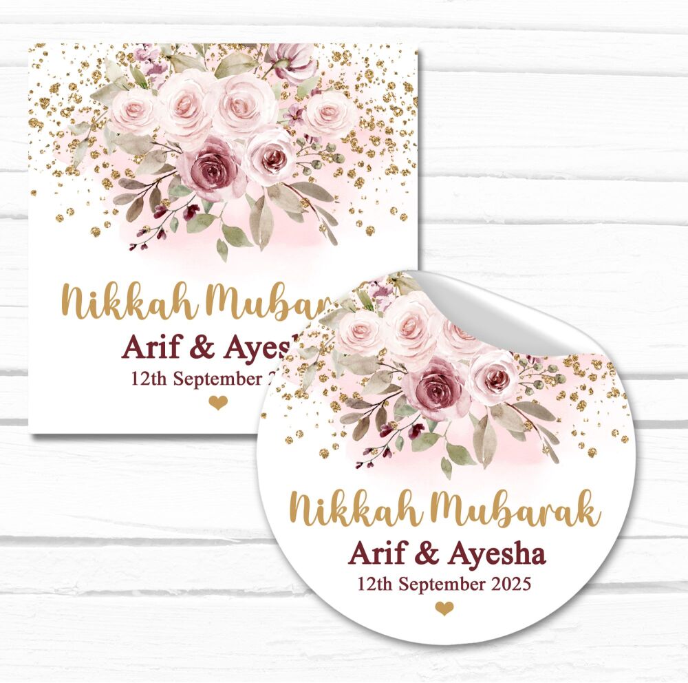 Nikah Mubarak Stickers Personalised Blush Burgundy Floral Drop