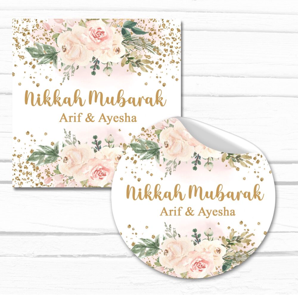 Nikah Mubarak Stickers Personalised Blush Ivory Floral Gold Confetti