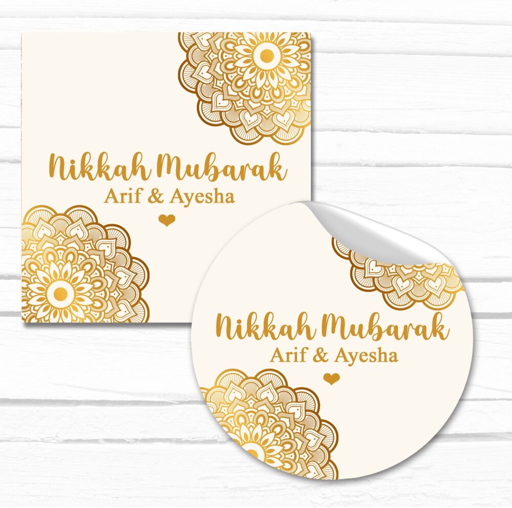 Nikah Mubarak Stickers Personalised Gold Mandala Hearts