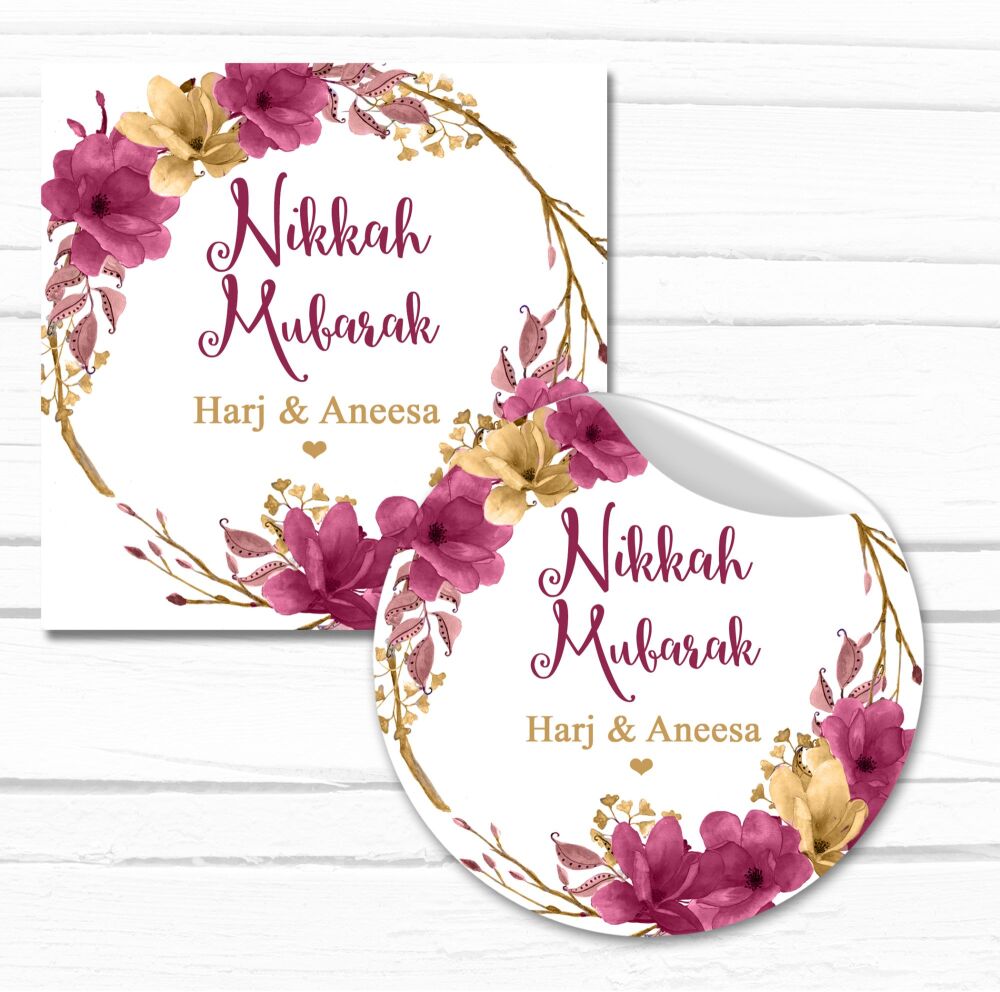 Nikah Mubarak Stickers Personalised Plum Gold Floral Wreath