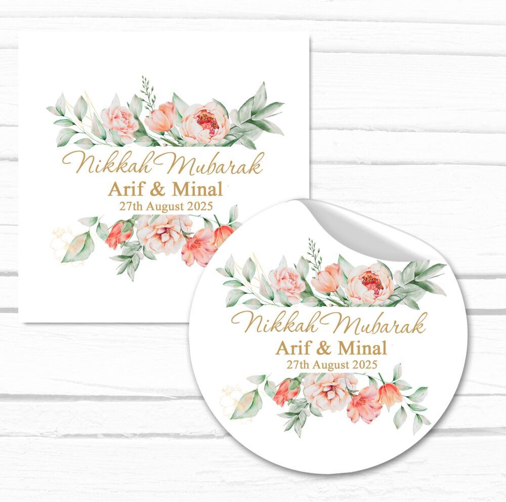 Nikah Mubarak Stickers Personalised Peach Flowers