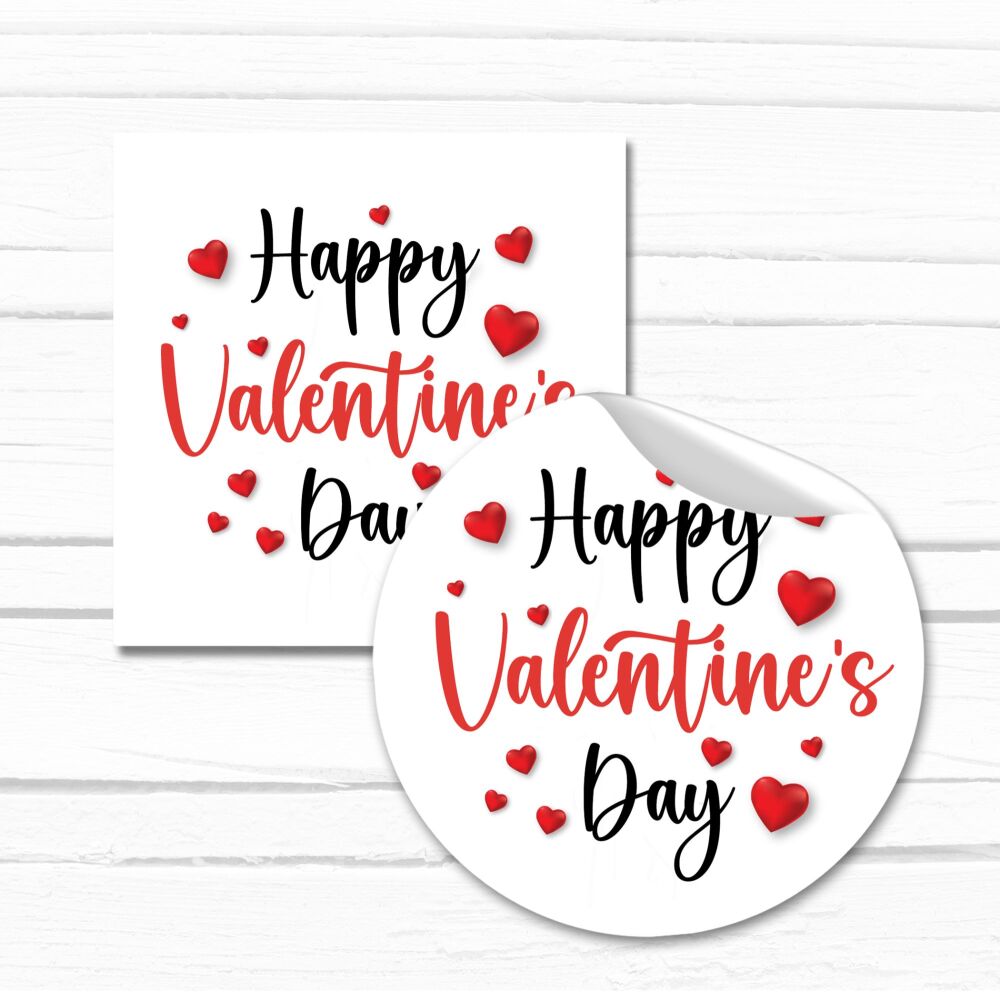 Happy Valentines Day Stickers Gloss Finish Script Hearts