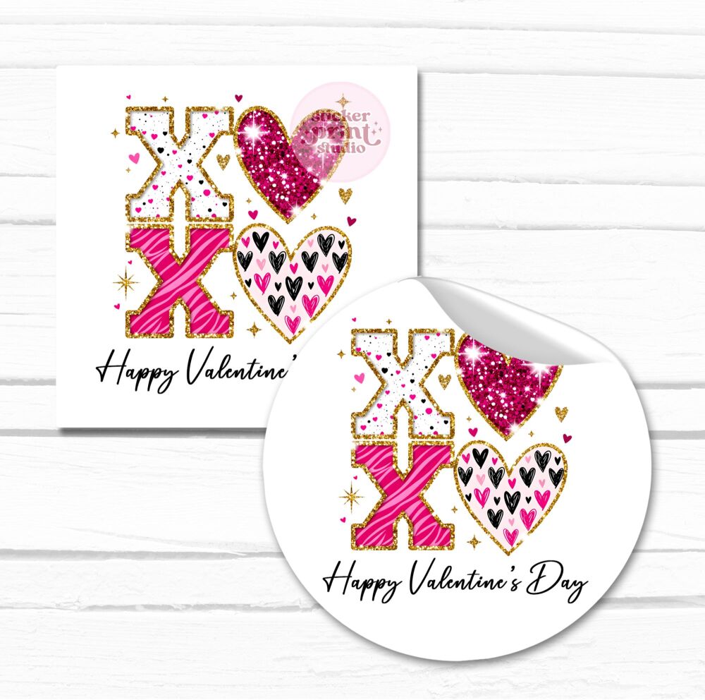 Happy Valentines Day Stickers Labels XOXO Pink Gold Hearts