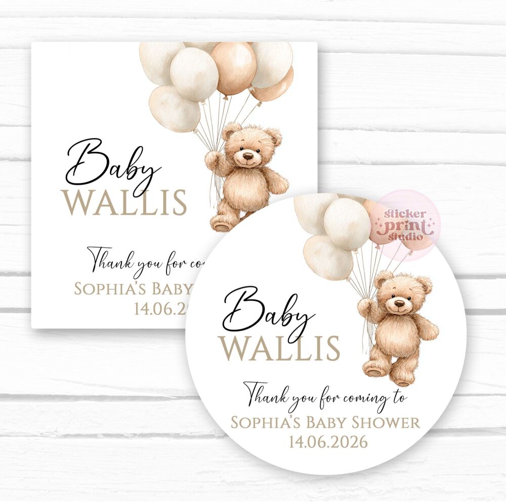 Neutral Bear Balloons Baby Shower Personalised Stickers