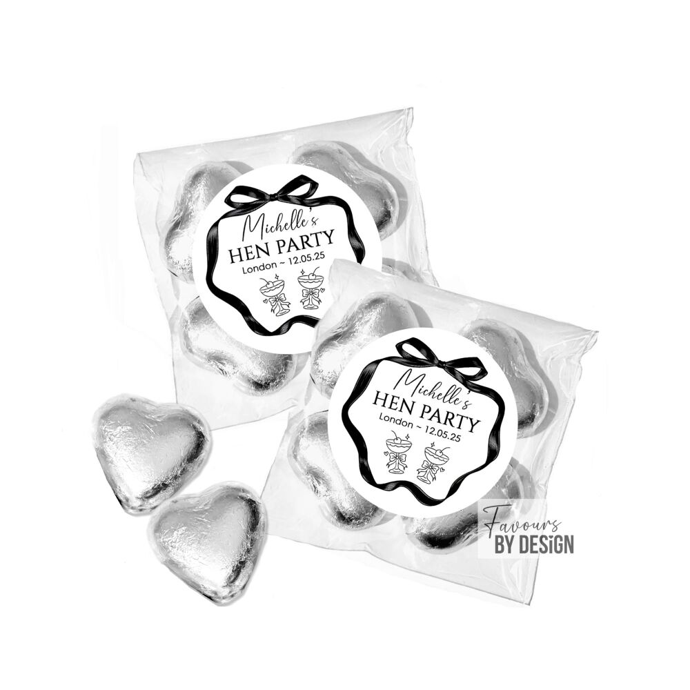 Hen Party Chocolate Hearts Favour Bags | Black Bow Frame Cocktails
