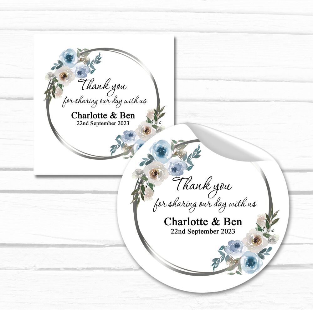 Personalised Wedding Stickers  Vintage Blue Floral Silver Frame