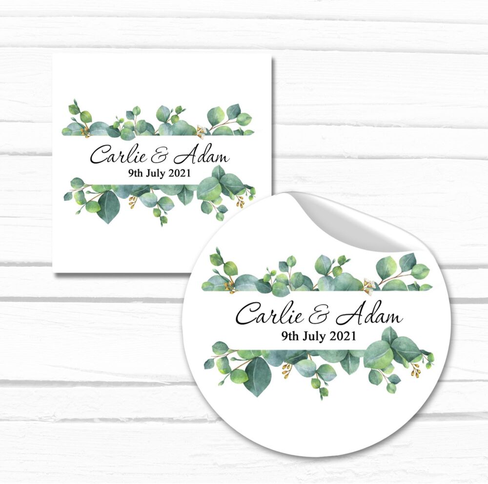 Personalised wedding Stickers Green Eucalyptus Banner