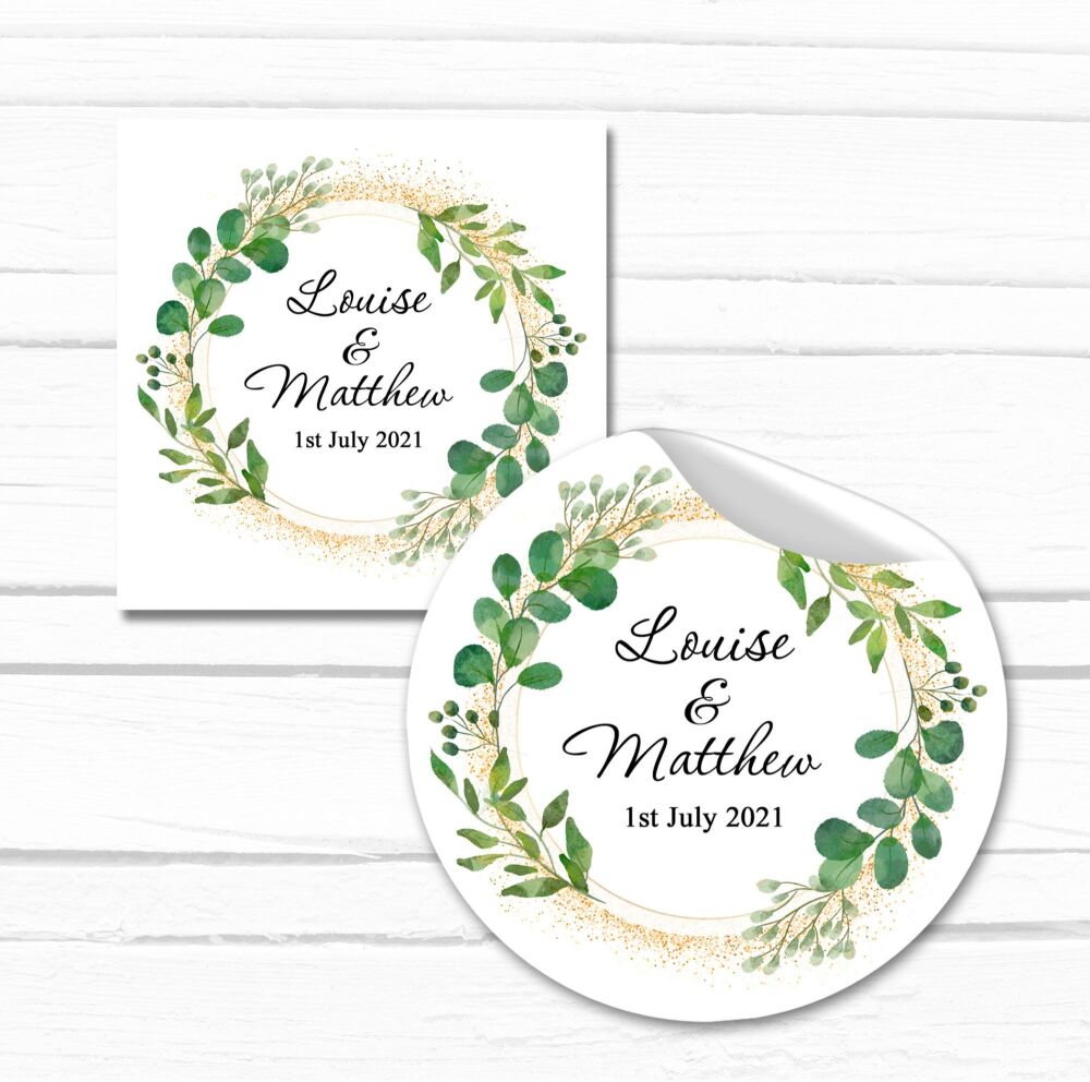 Personalised Wedding Stickers Green Botanicals Gold Dust