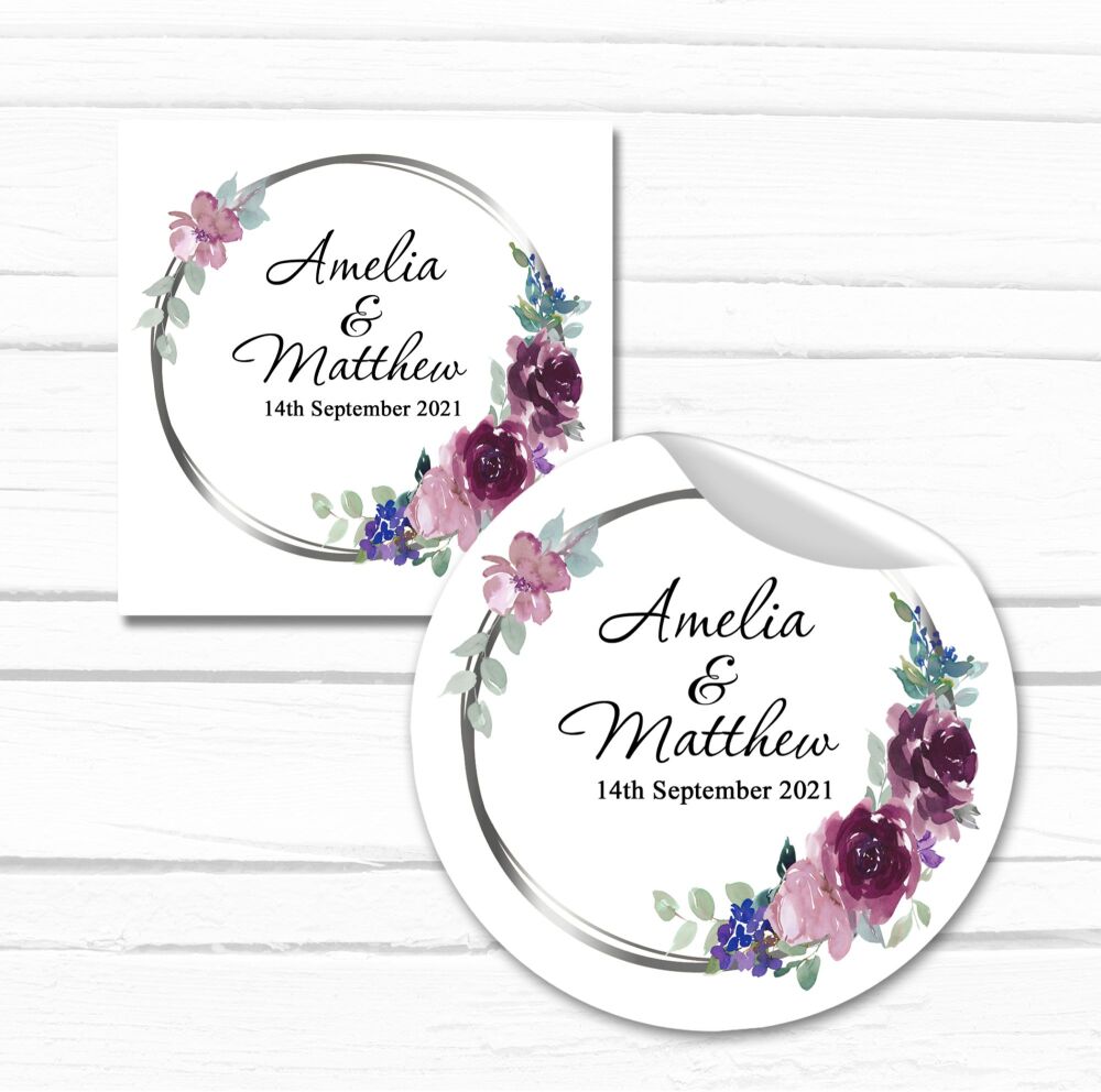 Personalised Wedding Stickers Mauve & Plum Flowers