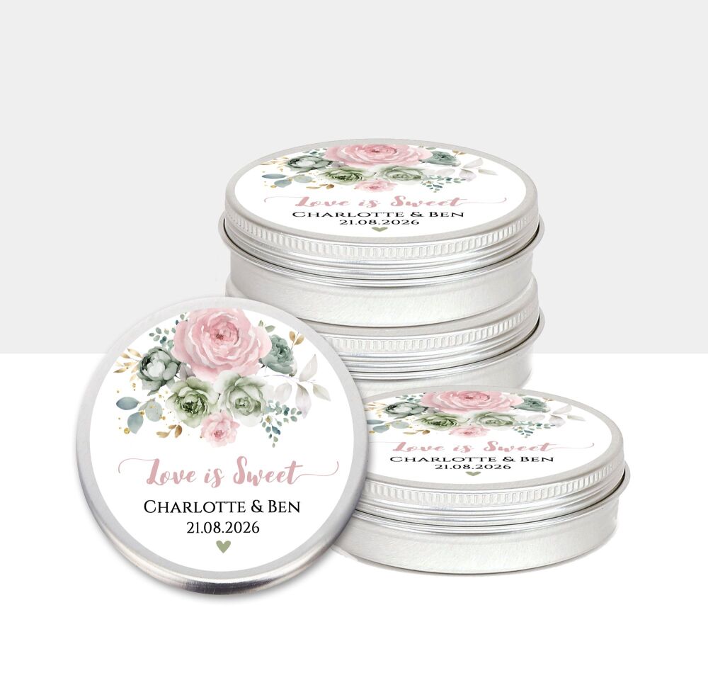 Love is Sweet Wedding Favours Tins | Blush Pink Sage Flowers x1