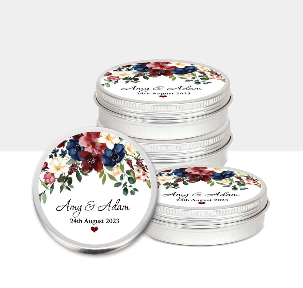Wedding Mint Tins Favours | Navy Blue Burgundy Floral Drop x1