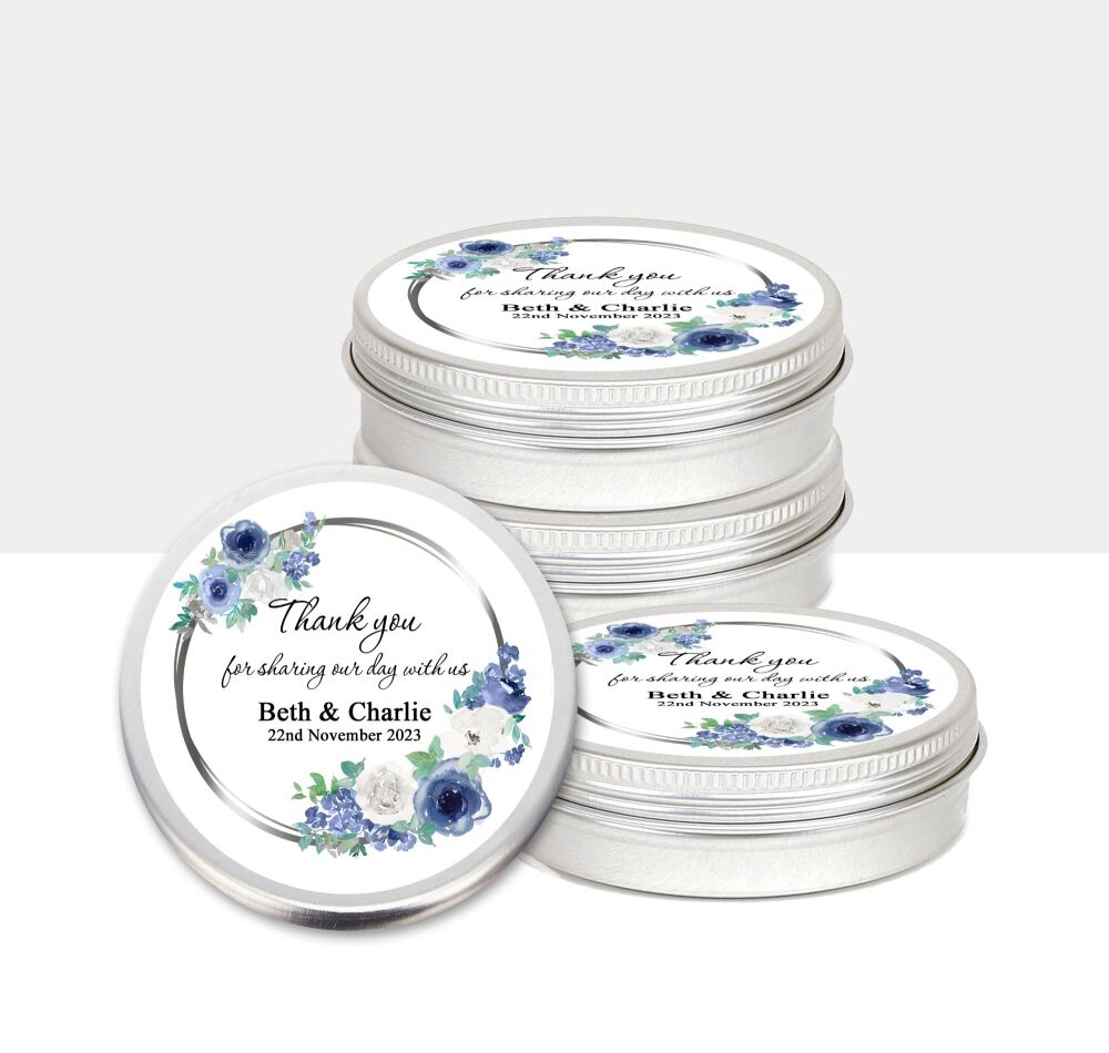 Wedding Mint Tins Favours | Navy Blue White Flowers x1