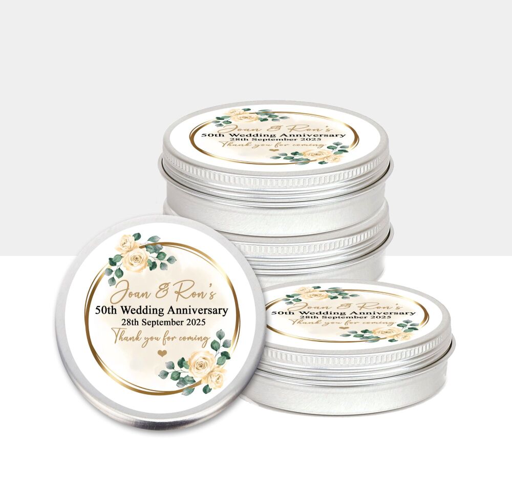 50th Golden Wedding Anniversary Favours Tins Gold Floral Frame x1
