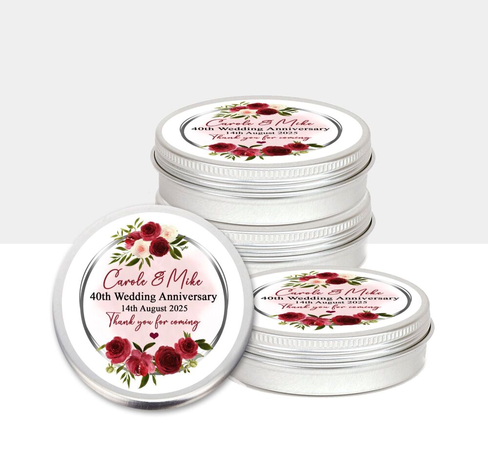 40th Ruby Wedding Anniversary Favours Tins Red Floral Frame x1