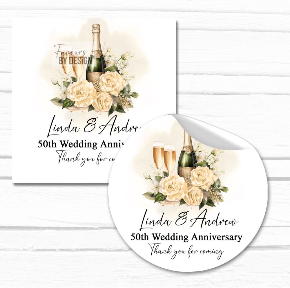 Anniversary Personalised Favour Stickers Gold Champagne Flowers
