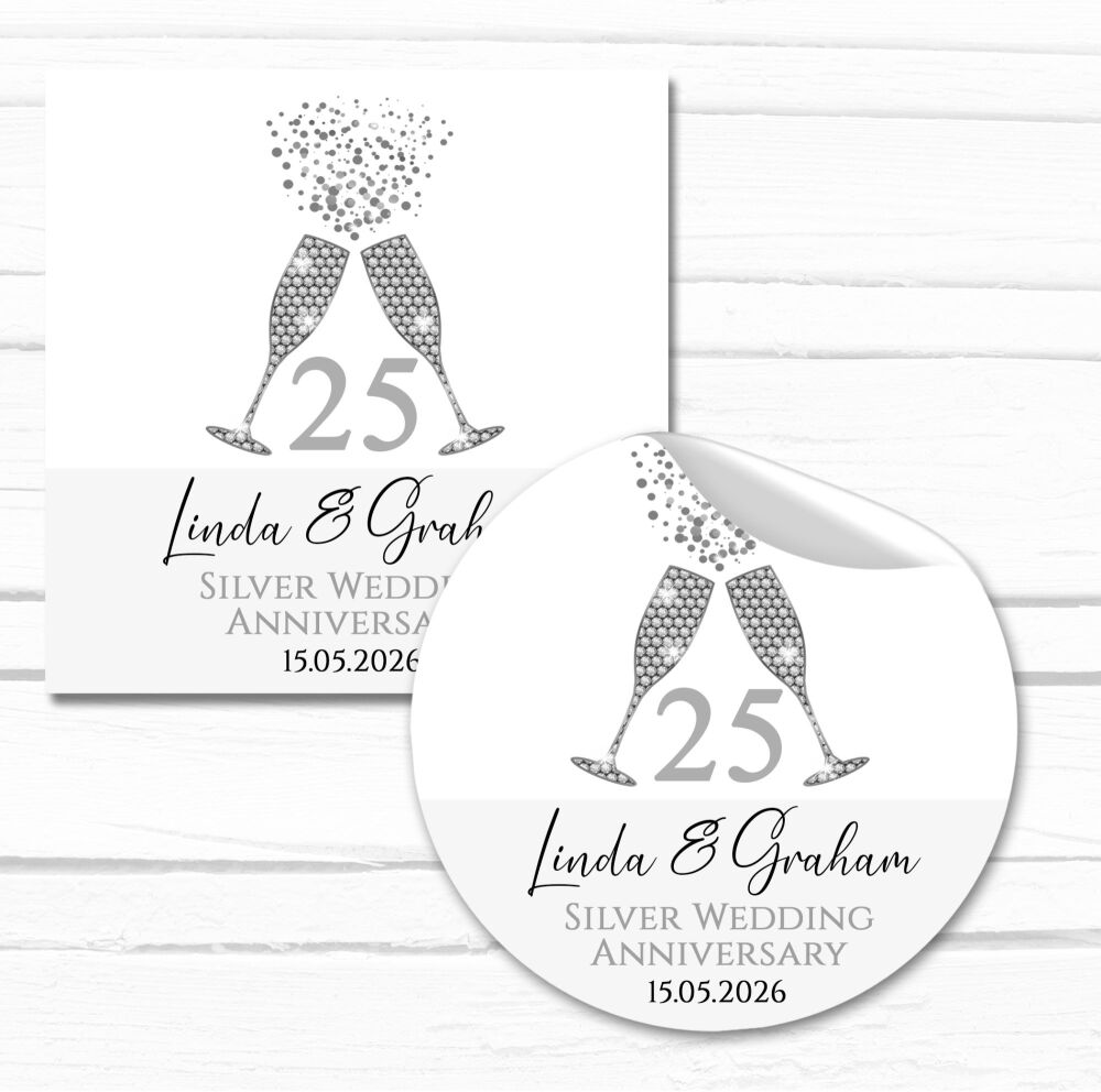 Personalised Wedding Anniversary Stickers Silver Glasses