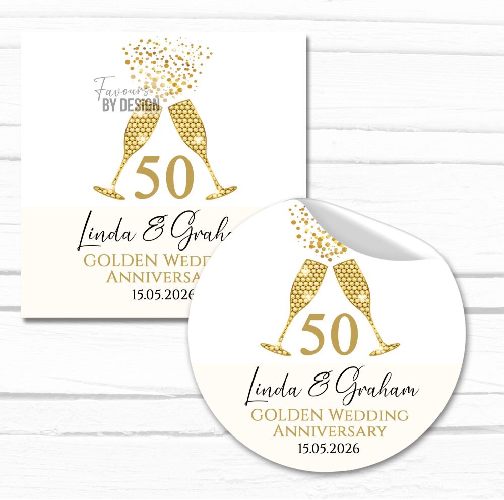 Personalised Wedding Anniversary Stickers Gold Glasses
