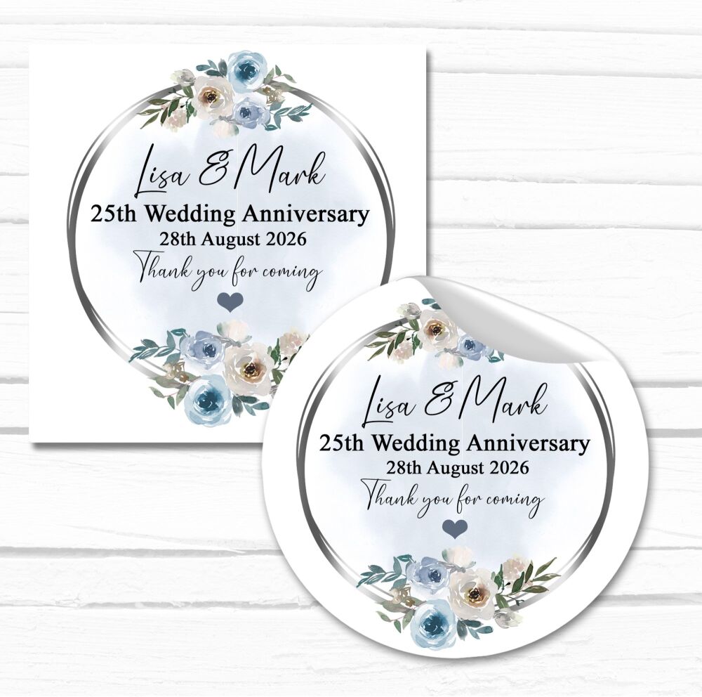 Personalised Wedding Anniversary Stickers Dusty Blue Flowers