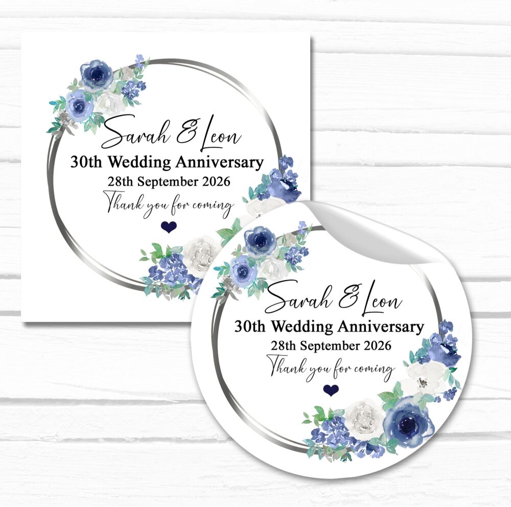 Personalised Wedding Anniversary Stickers Navy Blue Flowers