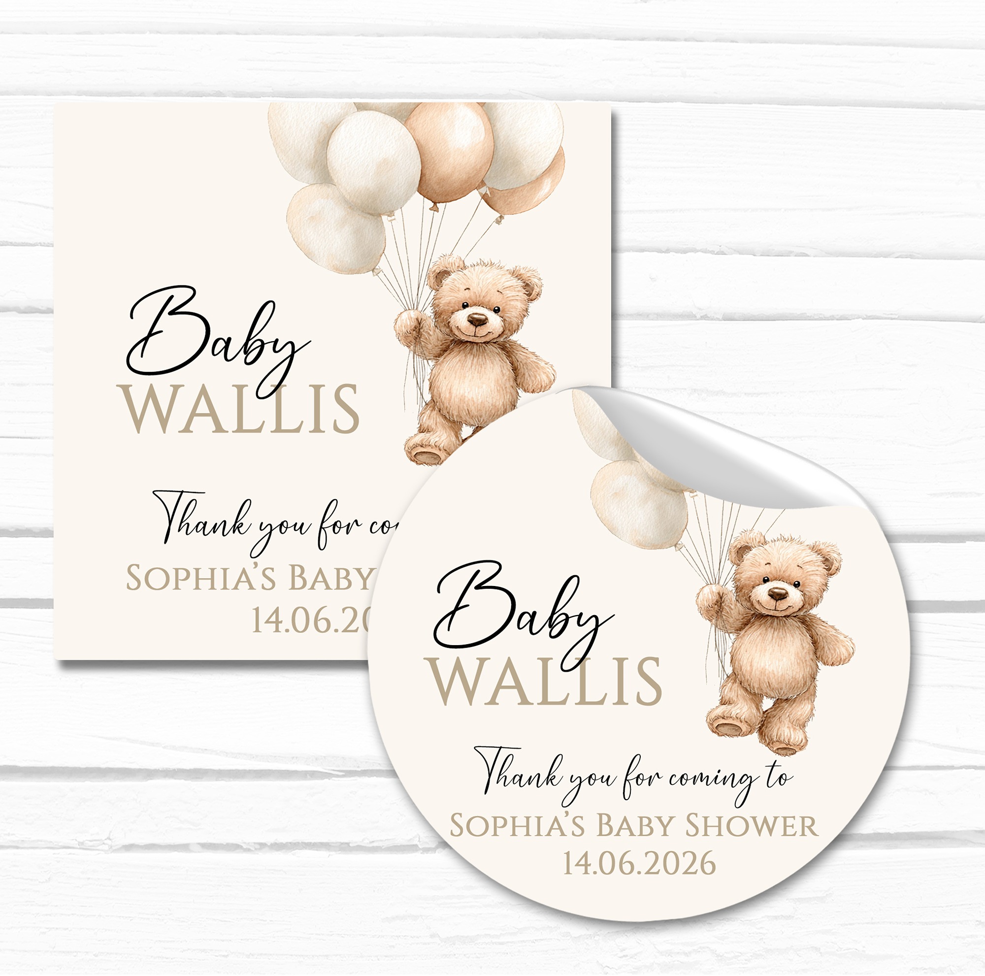 baby shower party stickers neutral teddy bear balloons beige favour labels