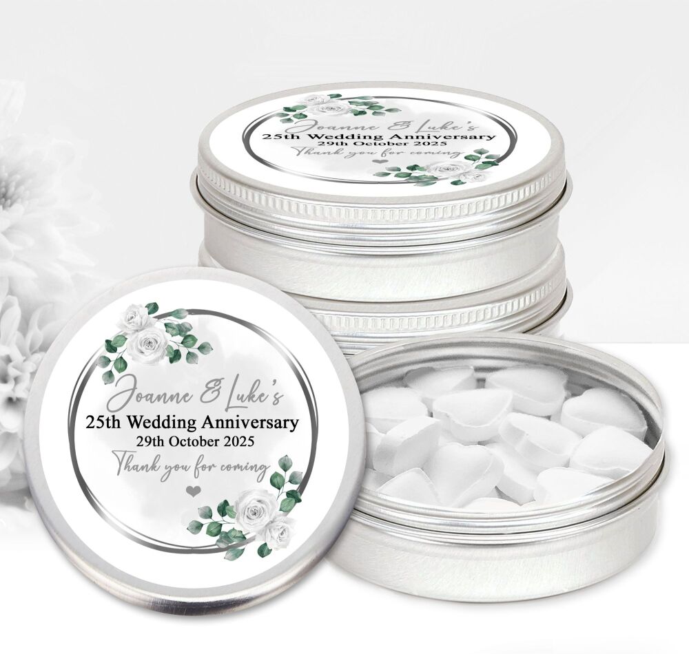 25th Silver Wedding Anniversary Favours Tins Silver Floral Frame x1