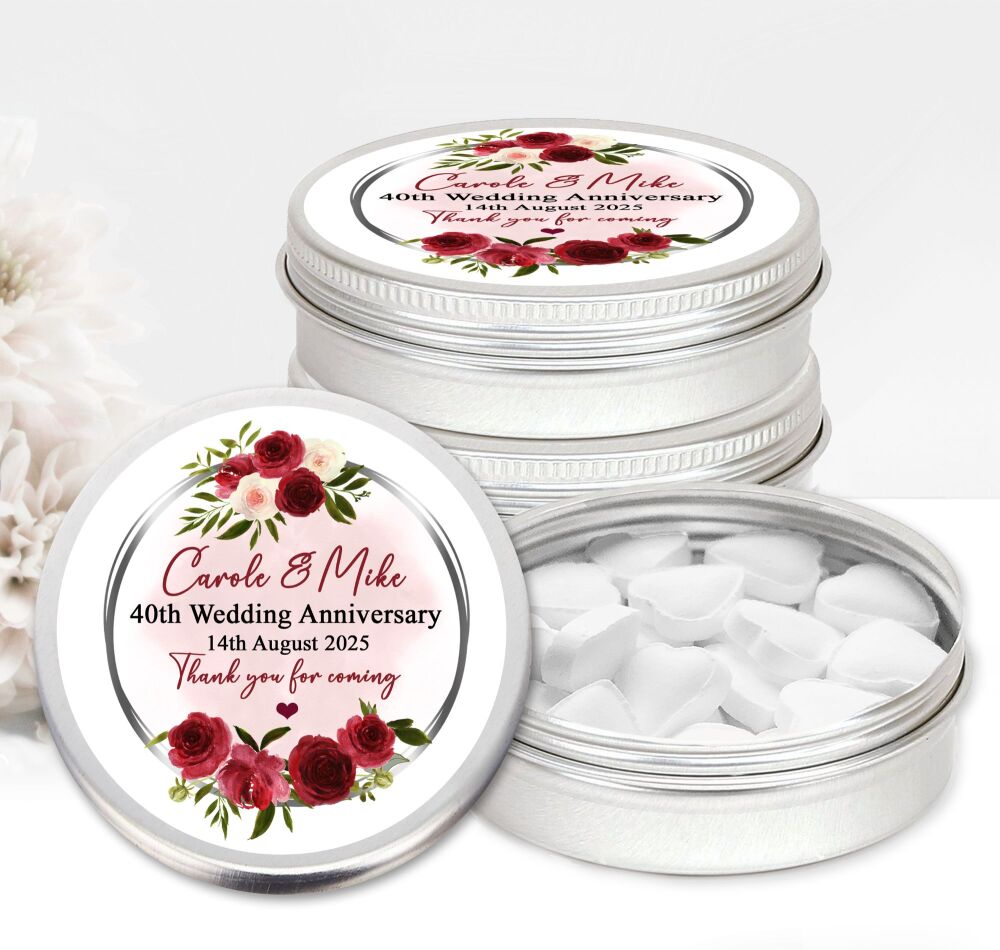 40th Ruby Wedding Anniversary Favours Tins Red Floral Frame x1