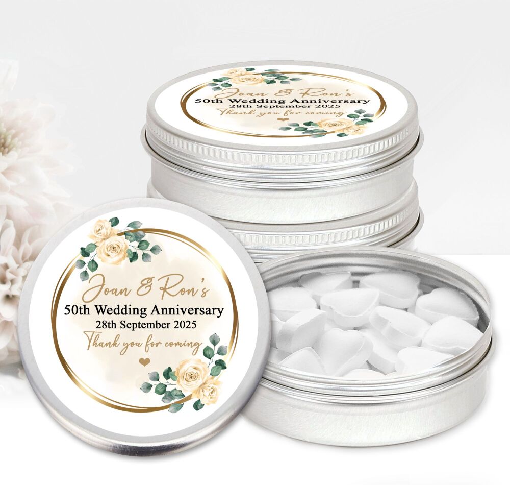 50th Golden Wedding Anniversary Favours Tins Gold Floral Frame x1