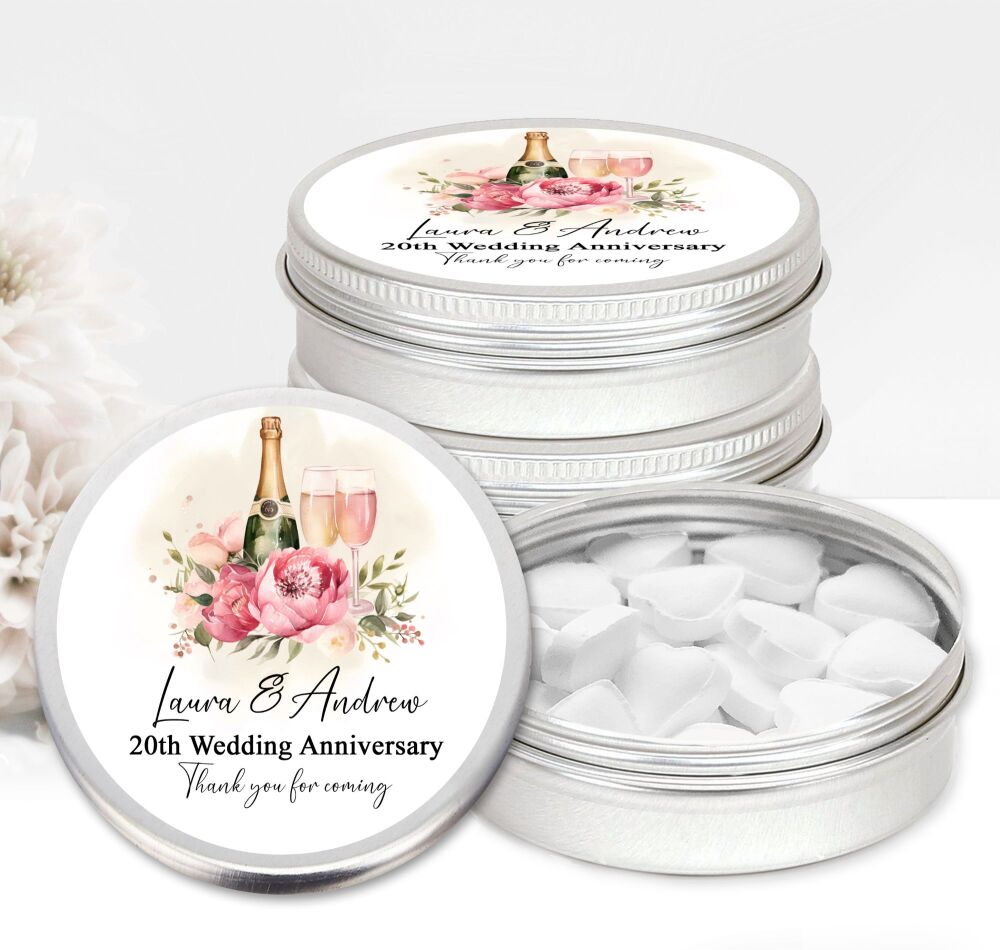 Wedding Anniversary Favours Tins Pink Floral Champagne x1