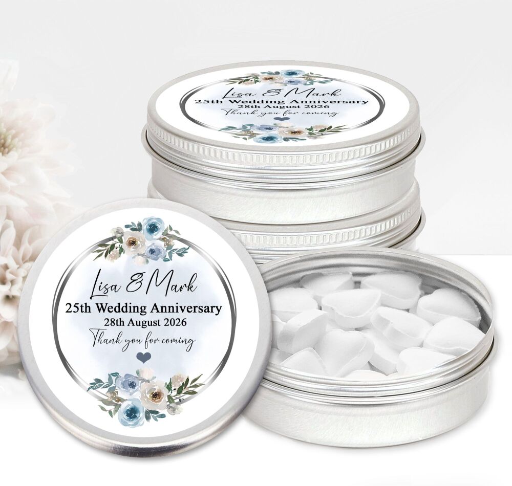 Wedding Anniversary Favours Tins Dusty Blue Flowers x1
