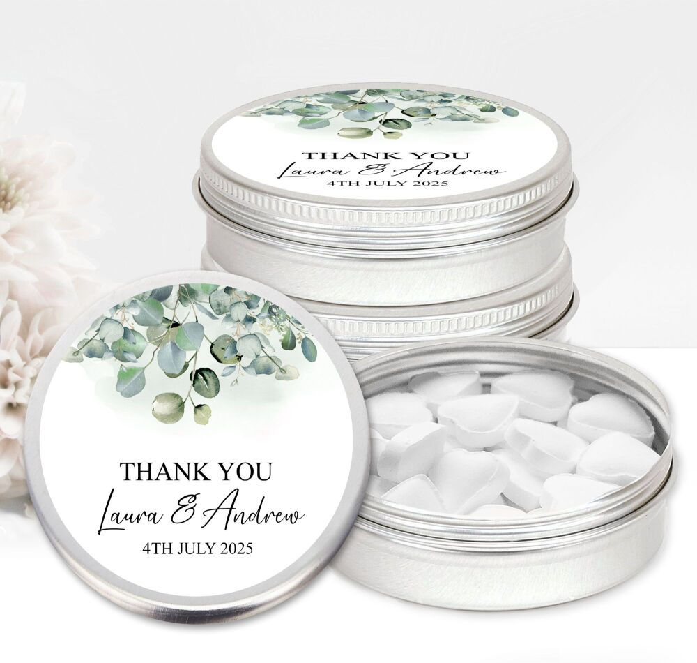 Wedding Favours Mints Sweets Tins | Eucalyptus Greenery x1