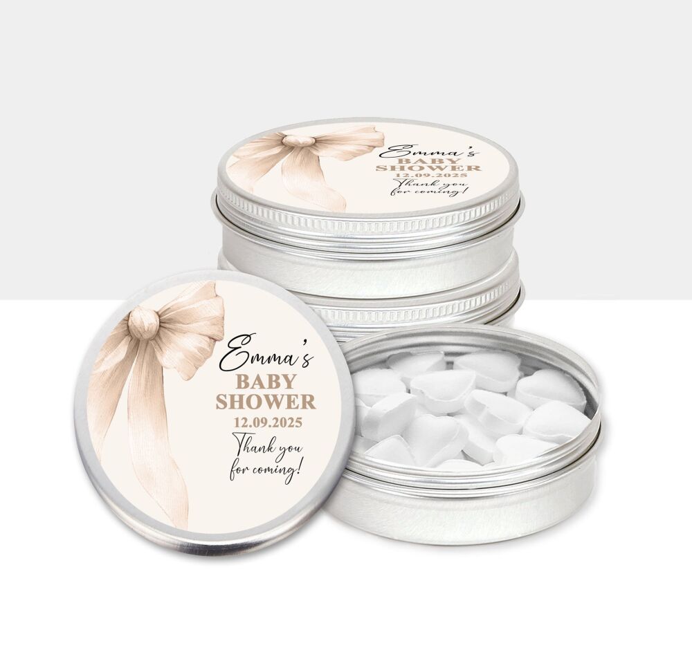 Neutral Baby Shower Party Favours Mint Tins | Beige Bow x1