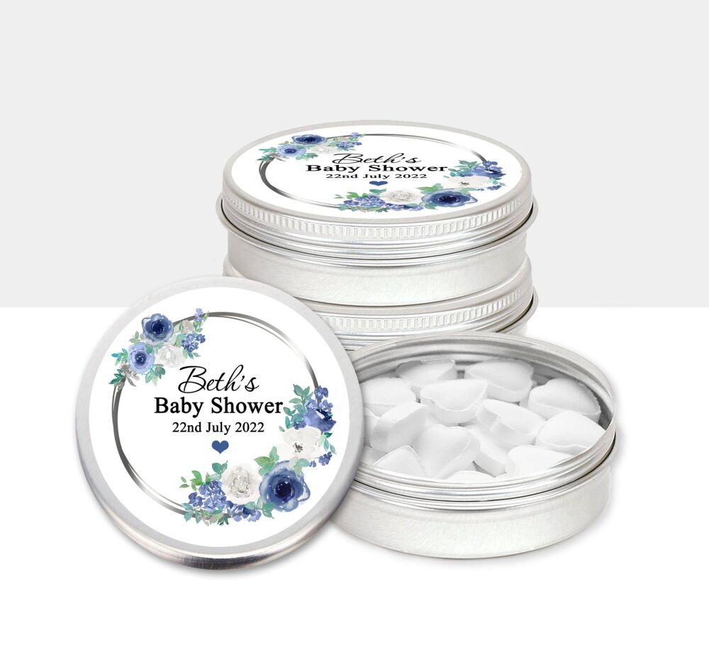 Baby Shower Party Favours Mint Tins | Navy Blue Flowers x1
