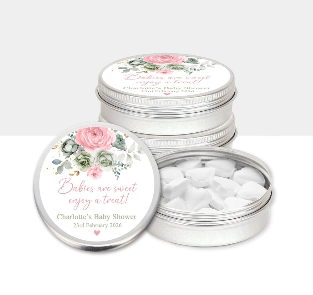 Babies Are Sweet Baby Shower Party Favours Mint Tins Pink Flowers x1