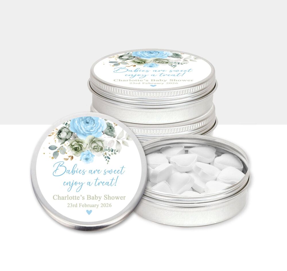 Babies Are Sweet Baby Shower Party Favours Mint Tins Blue Flowers x1