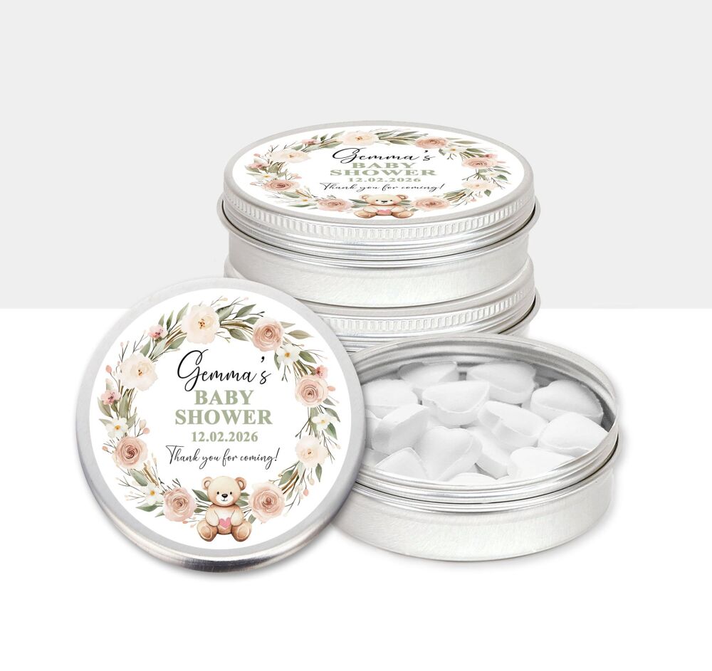 Boho Baby Shower Party Favours Mint Tins | Bear Wreath x1