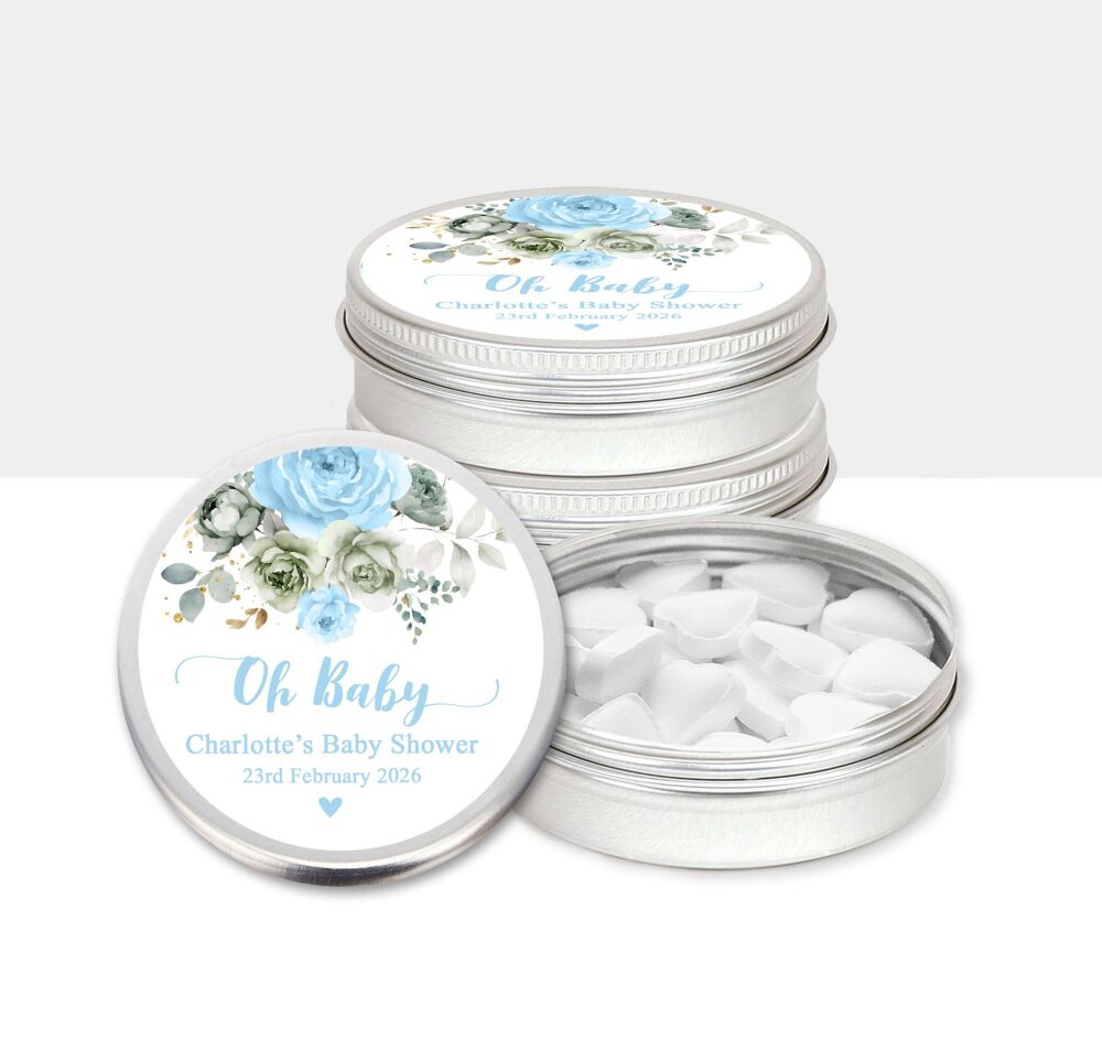 Oh Baby Shower Party Favours Mint Tins Blue Flowers x1
