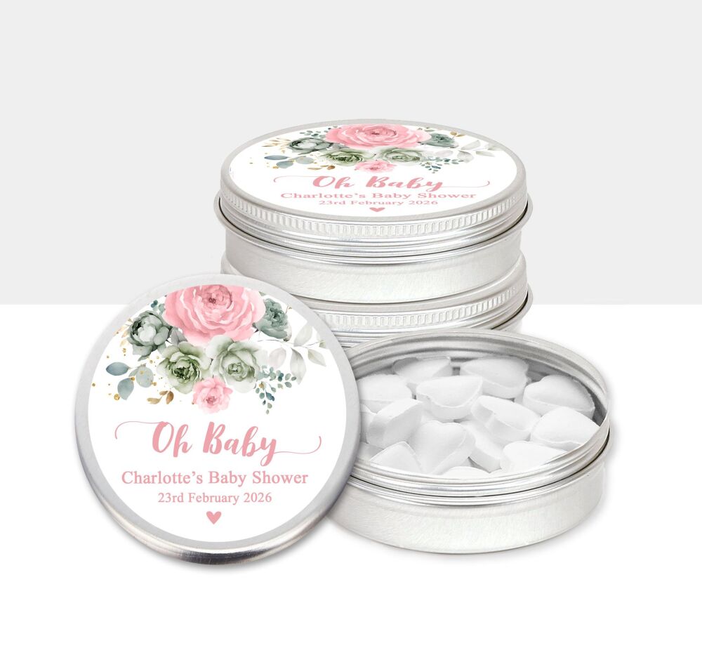 Oh Baby Shower Party Favours Mint Tins Pink Flowers x1