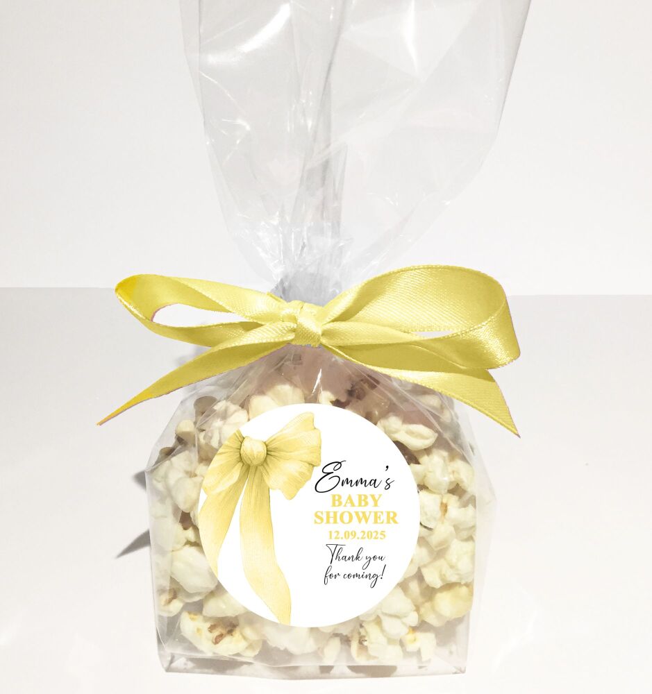 Baby Shower Popcorn Favours Bags Kits DIY Personalised Yellow Bow x1