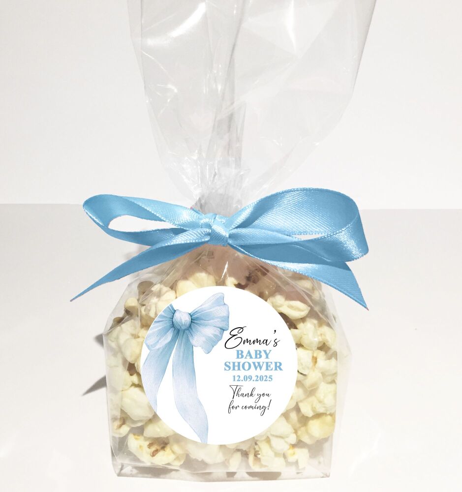 Baby Shower Popcorn Favours Bags Kits DIY Personalised Blue Bow x1